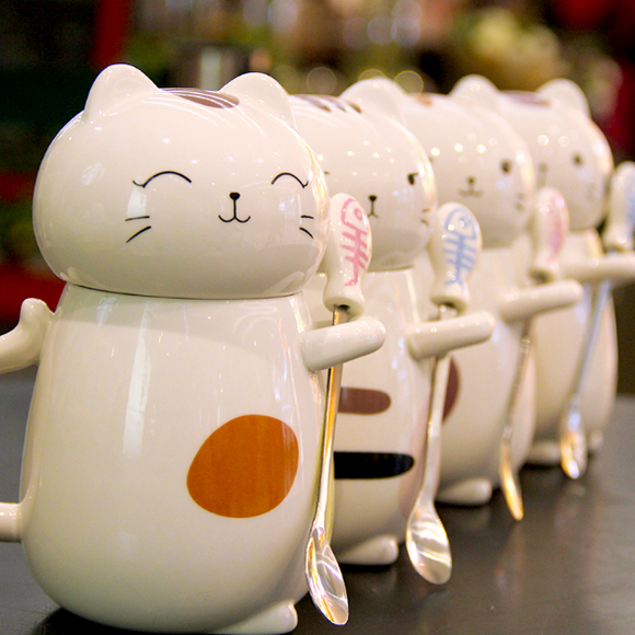 Large Kitty Cat Ceramic Mug With Spoon - MyPaperPandaShop