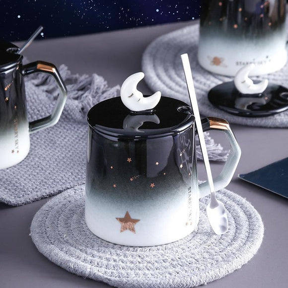 Starry sky mug with lid spoon personality trendy ceramic water cup - MyPaperPandaShop