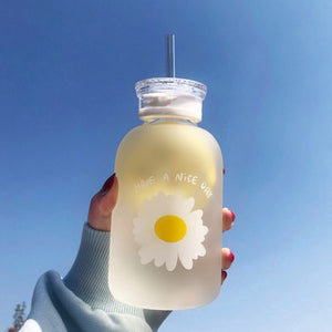 Frosted Daisies Jar Glass Water Bottle with Straw
