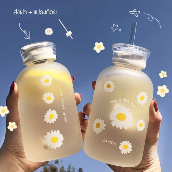 Frosted Daisies Jar Glass Water Bottle with Straw
