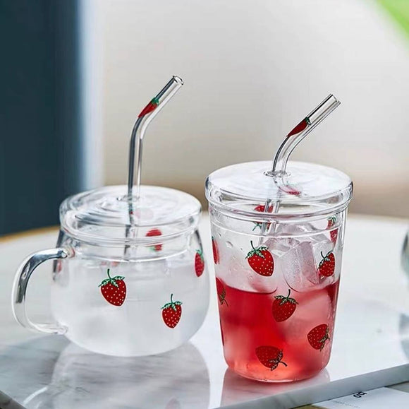 Kawaii Strawberry Glass Cup with Straw